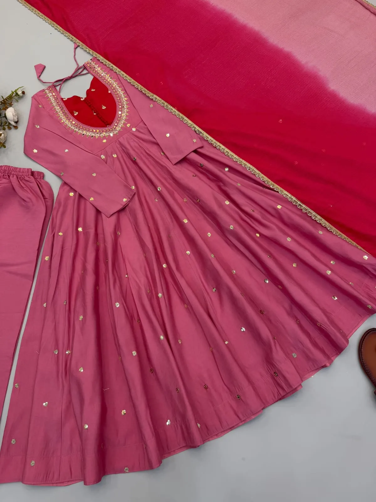 Elegant Embroidered Sequence With Real Mirror Designer Anarkali Three Piece Set — view 2