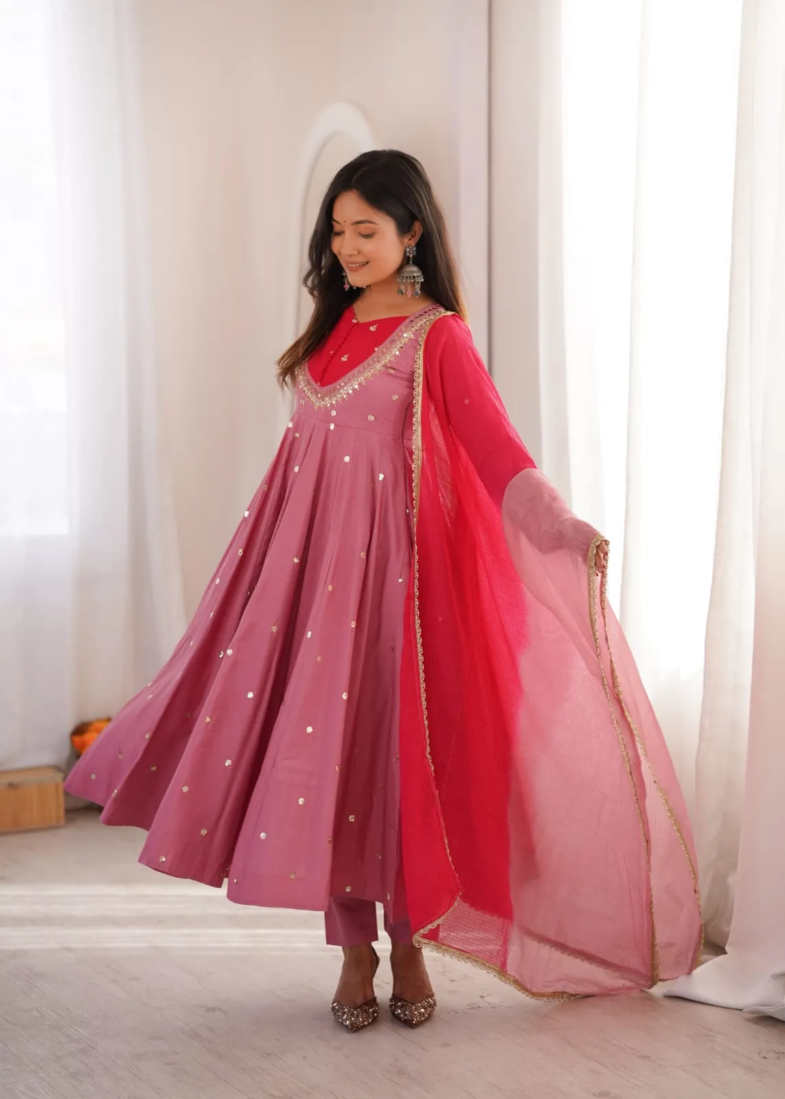 Elegant Embroidered Sequence With Real Mirror Designer Anarkali Three Piece Set — view 3