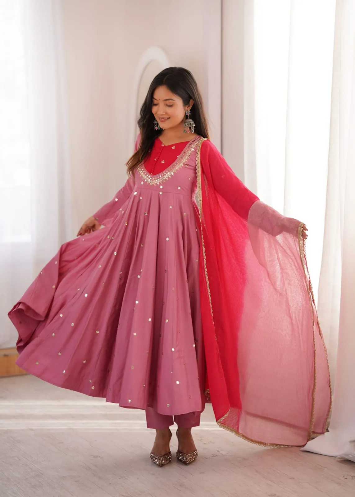 Elegant Embroidered Sequence With Real Mirror Designer Anarkali Three Piece Set — view 4