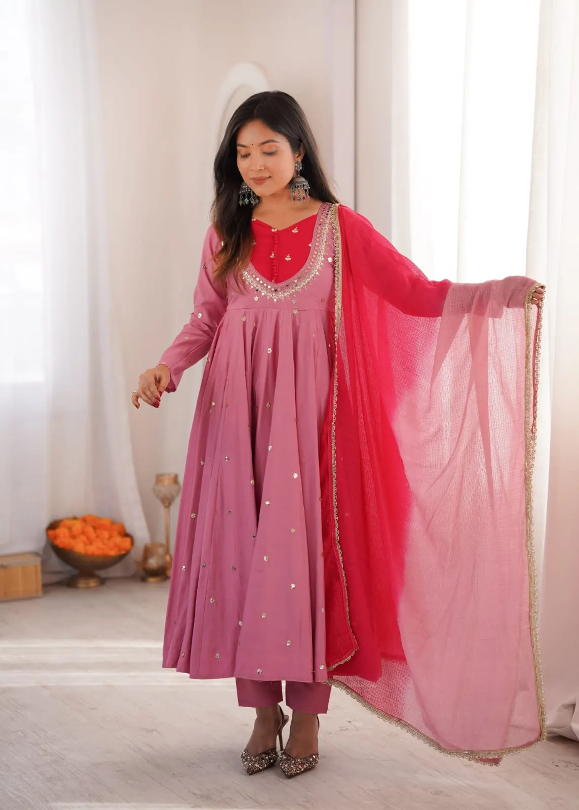 Elegant Embroidered Sequence With Real Mirror Designer Anarkali Three Piece Set — view 5